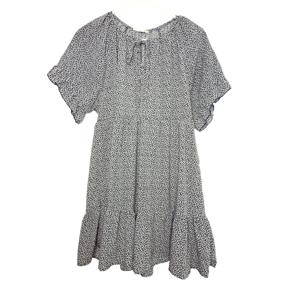 Navy White Leopard Print Babydoll Dress Short Flutter Sleeve Tiered Mini